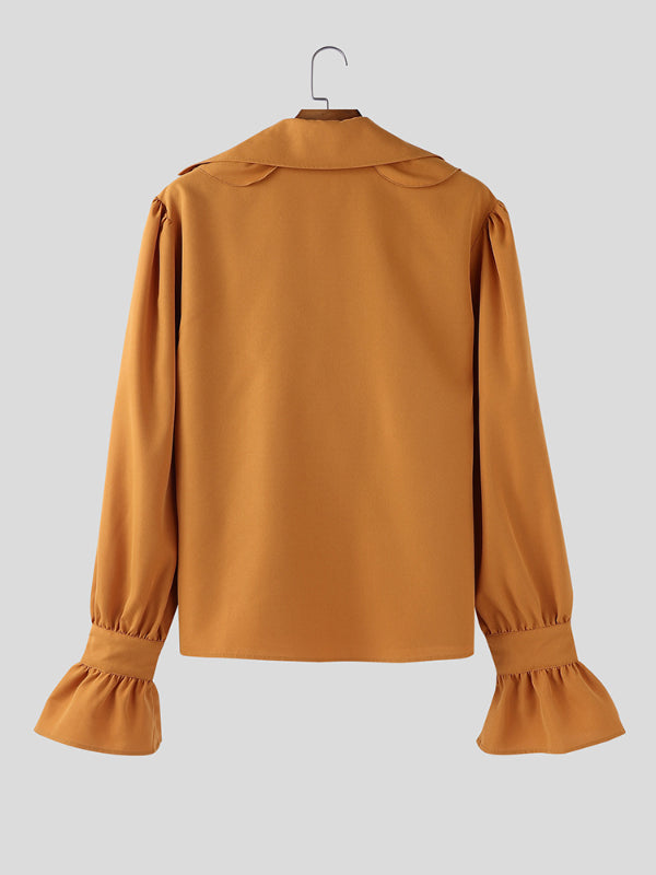 Men's Solid Ruffle Collar Patchwork Long Sleeve Shirt SKUL27259