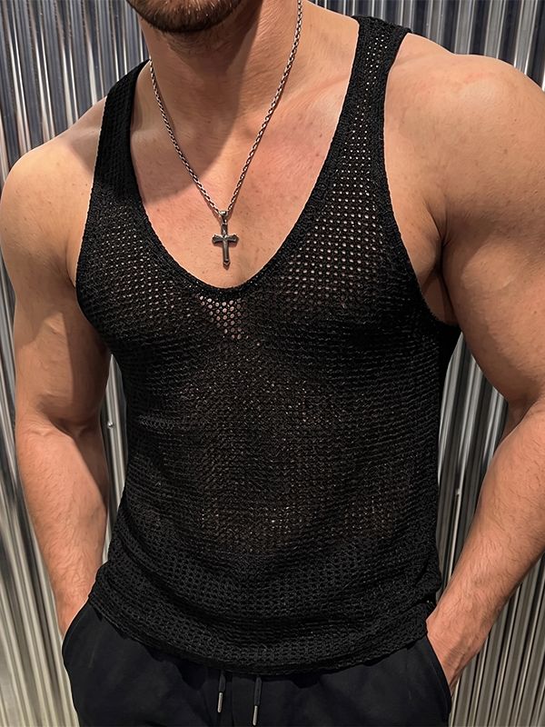 Men's Y2K High-Street Open-Knit Deep V-Neck Fitted Tank SKUL78002