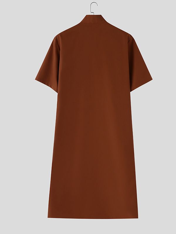 Men's Solid Color Asymmetric Longline Half Zip Short Sleeve Shirt SKUL56315