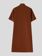 Men's Solid Color Asymmetric Longline Half Zip Short Sleeve Shirt SKUL56315