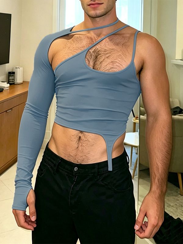 Men's Avant-Garde Asymmetrical Cutout One Sleeve Strappy Cropped Tank SKUL70309