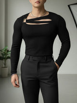 Men's Textured Knit Hollow Out Long Sleeve T-shirt SKUL48601