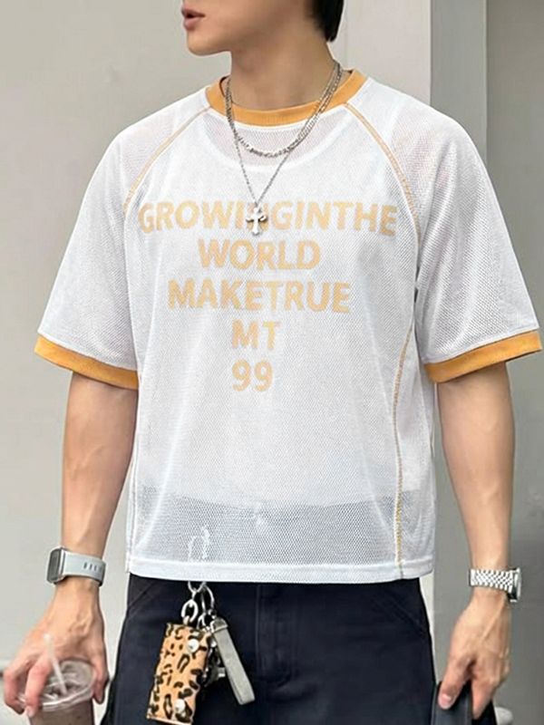 Men's Slogan Print Cut Out Color Block Short Sleeve T-shirt SKUL48724