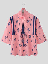 Men's Vintage Floral Print Lace-up Front Short Sleeve Scarf Shirt SKUL53038