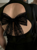 Men's Lace Bow Patchwork Open Back Short Sleeve T-Shirt SKUL37676