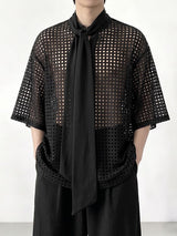 Men's Romantic Avant-Garde Hollow Out Mesh Tie Neck Half Sleeve Shirt SKUL70275