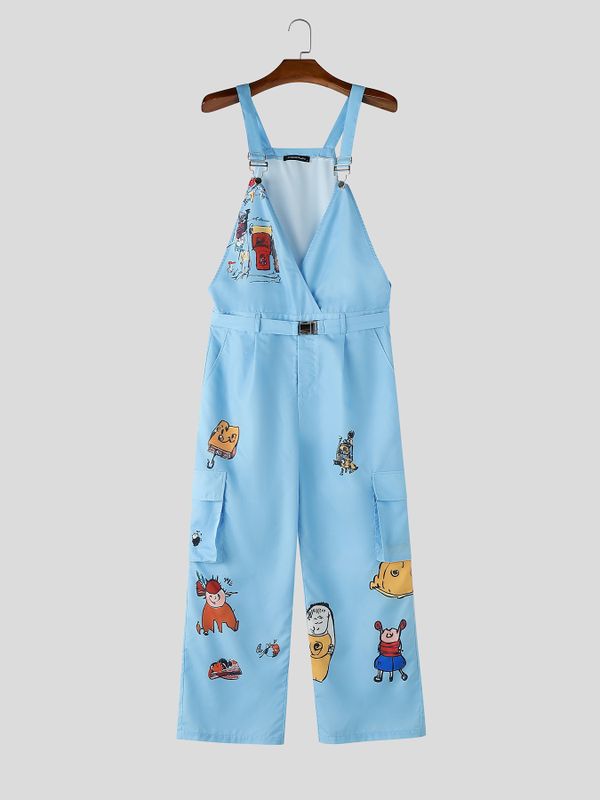 Men's Avant-Garde Cartoon Graphic Print Deep V-Neck Wide-Leg Cargo Jumpsuit SKUL65257