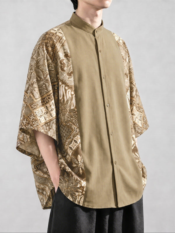 Men's Modern Neo-Chinese Batik Graphic Print Contrast Panel Drop Shoulder Short Sleeve Shirt SKUL73744