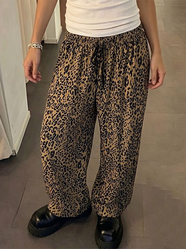 Men's Vintage Casual Leopard Print Loose Drawstring Straight Wide Leg Pant SKUL71357