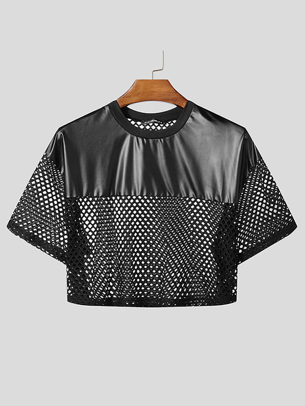 Mens Faux Leather Patchwork Cropped Short Sleeve T-Shirt SKUL01366