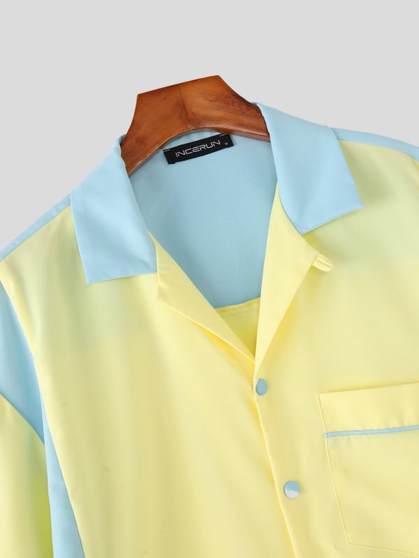 Men's Retro Color-Block Patchwork Cuban Collar Shirt SKUL63835