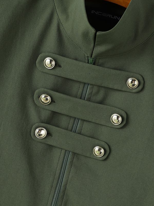 Men's Avant-Garde Retro Runway High-Low Swallowtail Hem Metal Buckle Zip Up Long Sleeve Stand Collar Blazer SKUL79735