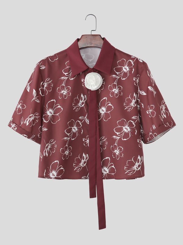 Men's 3D Floral Tie Front Short Sleeve Shirt SKUL55364