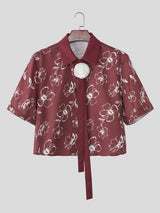 Men's 3D Floral Tie Front Short Sleeve Shirt SKUL55364