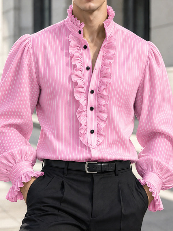 [Pre-order] Men's Vintage Dandy Stage Runway Ruffle Frill V-Neck Puffed Sleeve Striped Shirt SKUL89227