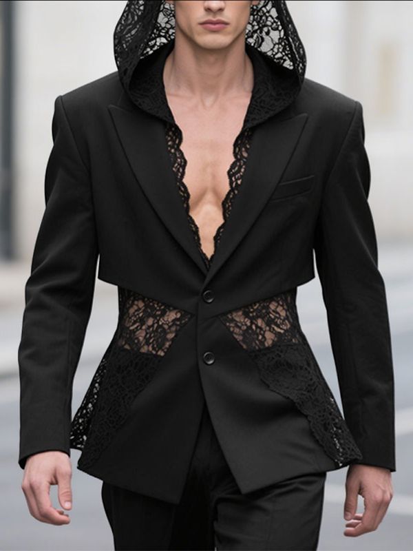 Men's Sheer Lace Patchwork Hooded Long Sleeve Blazer SKUL34017
