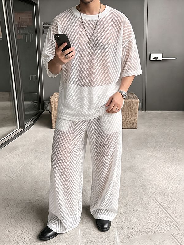 Men's Avant-Garde Sheer Chevron Mesh Two Pieces Outfit SKUL74698