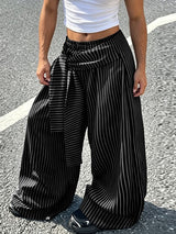 Men's Avant-Garde Asymmetric Wrapped Tie-Waist Pinstripe Oversized Wide-Leg Baggy Pant SKUL70237