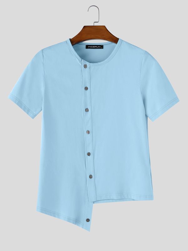 Men's Solid Color Asymmetric Placket Textured Button Short Sleeve T-shirt SKUL59951