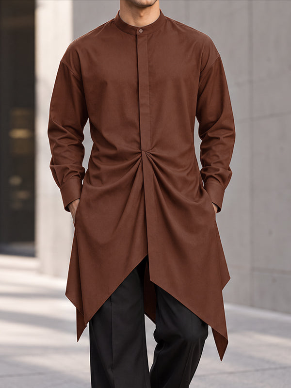 [Pre-order] Men's Zen Minimalist Tea Gathering Waist Gathering Pleated Asymmetric Pointed Hem Stand Collar Shirt SKUL89083