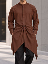 [Pre-order] Men's Zen Minimalist Tea Gathering Waist Gathering Pleated Asymmetric Pointed Hem Stand Collar Shirt SKUL89083