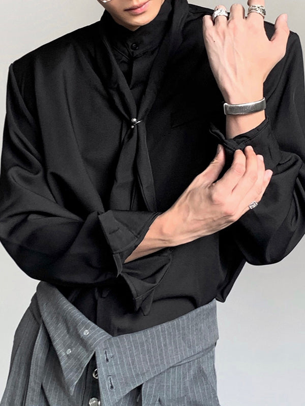 Men's Solid Color Tie Long Sleeve Shirt SKUL42397