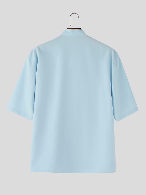 Men's Solid Color New Chinese Style Asymmetric Short Sleeve Shirt SKUL56321