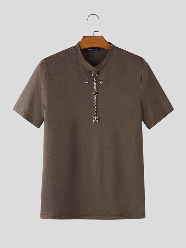 Men's Metal Pendant Patchwork Casual T-shirt SKUL42292