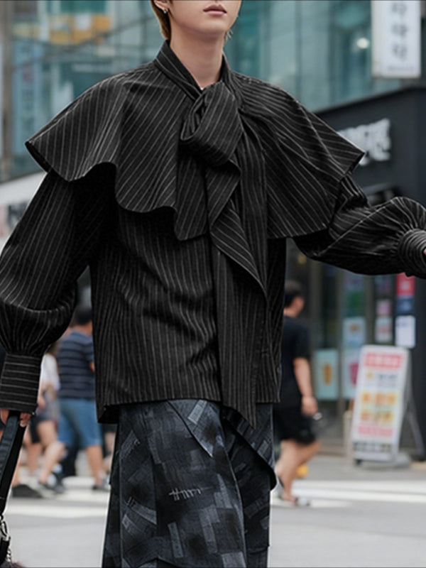 Men's Stripe Ruffle Long Sleeve Shirt SKUL47651