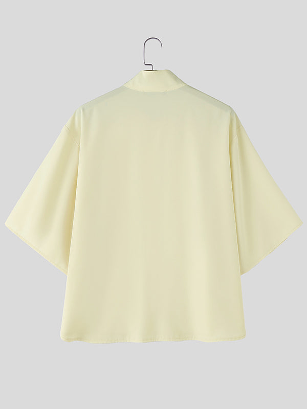Men's Stand Collar Hidden Placket Oversized Kimono Short Sleeve Shirt SKUL70239