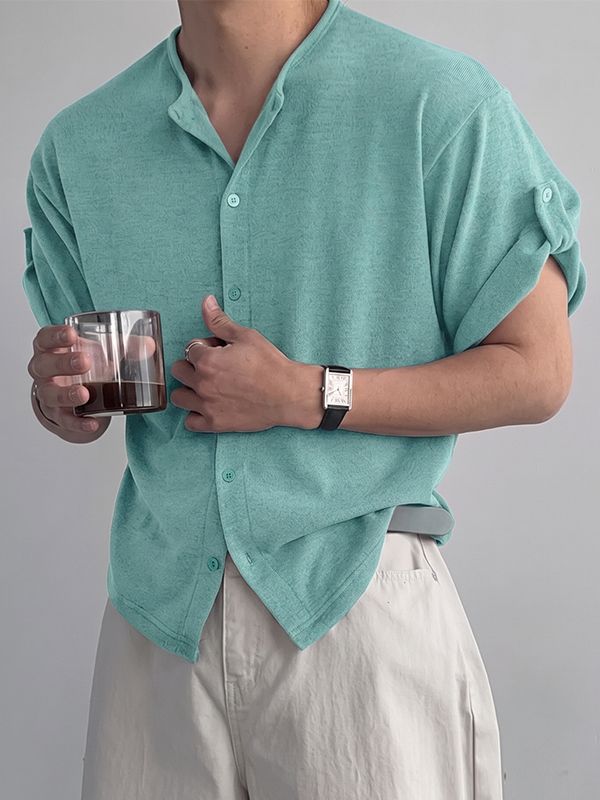Men's Vintage Japanese Style Knit Textured Relaxed Fit Drop Shoulder Short Sleeve Shirt SKUL72617