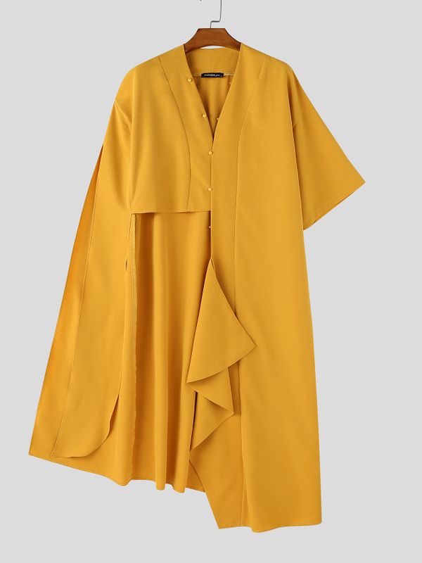 Men's Avant-Garde Asymmetrical Cropped High-Low Button-Up Cape Shirt SKUL64275
