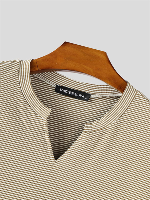 Men's Striped Small V Neck Long Sleeve T-Shirt SKUL22199