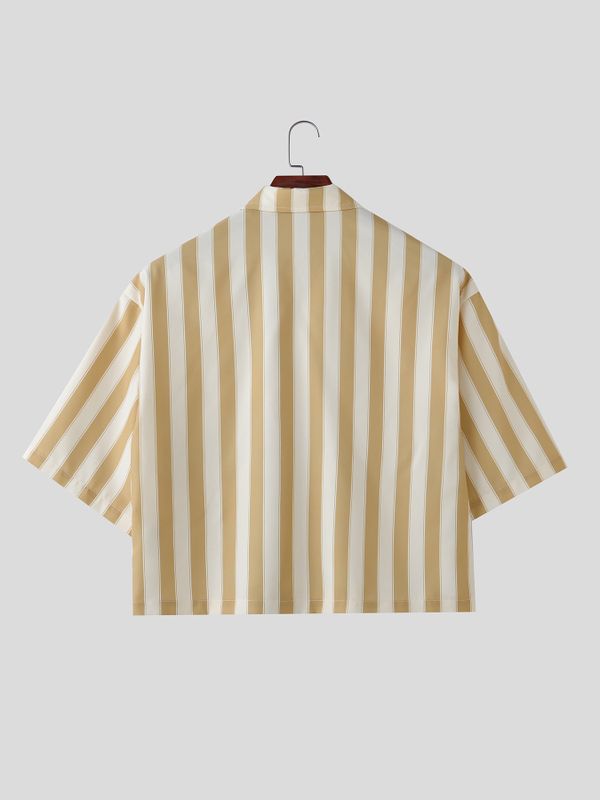 Men's Streetwear Cropped Vertical Stripe Short Sleeve Shirt SKUL58662
