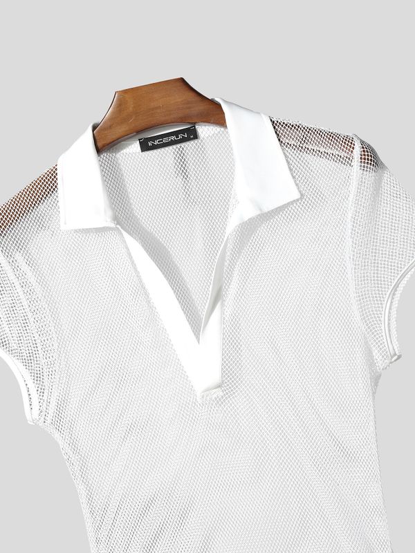 Men's Avant-Garde Deep V-Neck Full Mesh Polo Shirt SKUL63649