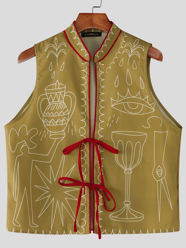 Men's Avant-Garde Embroidered Mystic Graphic Tie-Front Stand Collar Waistcoat SKUL62793