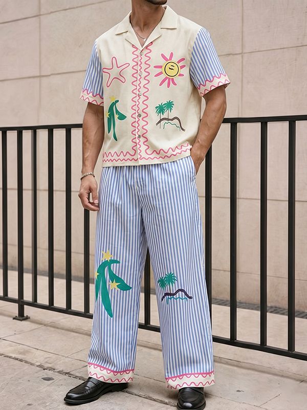 Men's Resort meets Playful Beach Illustration Striped Two Pieces Outfit SKUL71370