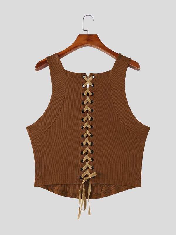 Men's Back Tie Design Knit Textured Cropped Tank SKUL57688