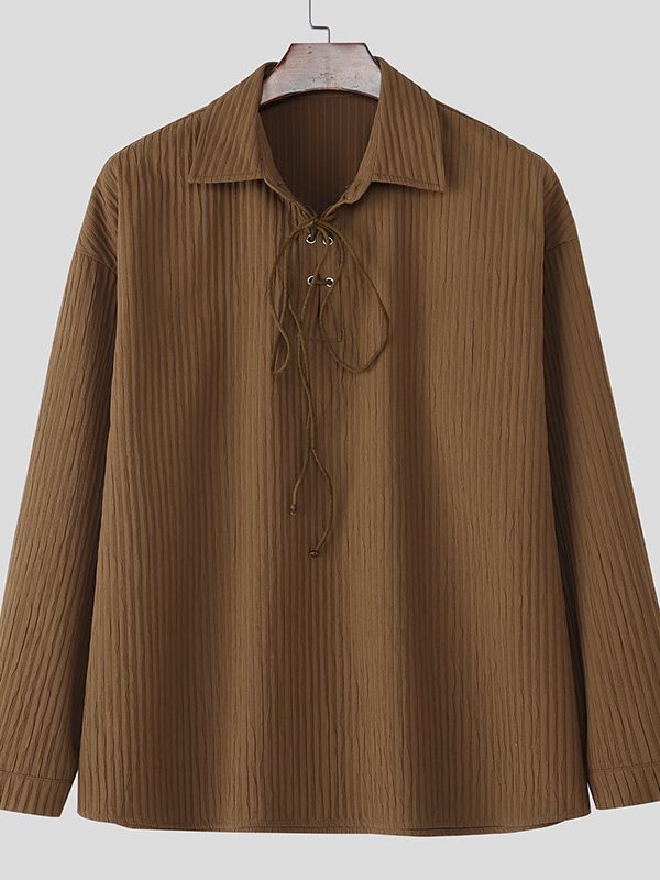 Men's Textured Drawstring Lapel Long Sleeve Shirt SKUL34969