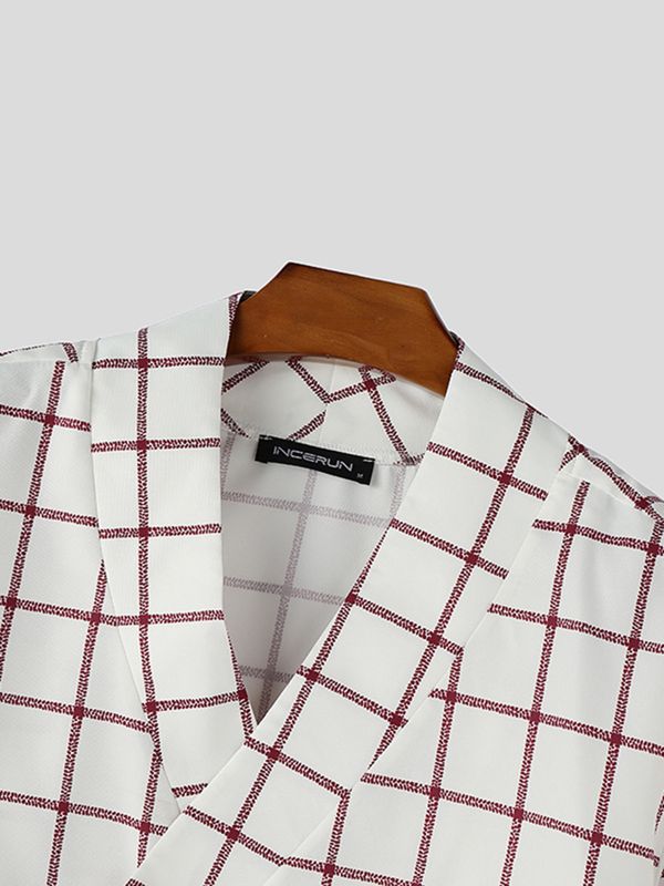 Men's Asymmetric Placket Plaid Frog Button Half Sleeve Shirt SKUL61924