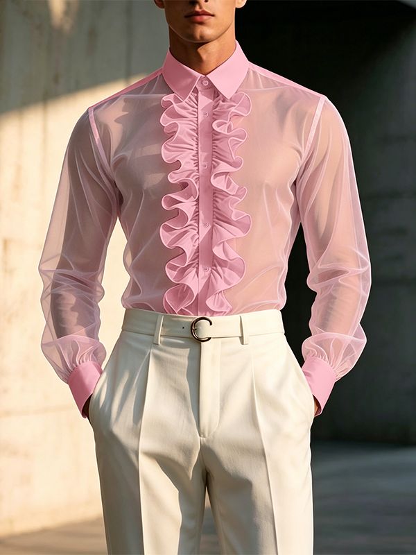 Men's Avant-Garde Romantic Sheer Mesh Ruffled Front Button-Down Shirt SKUL63169