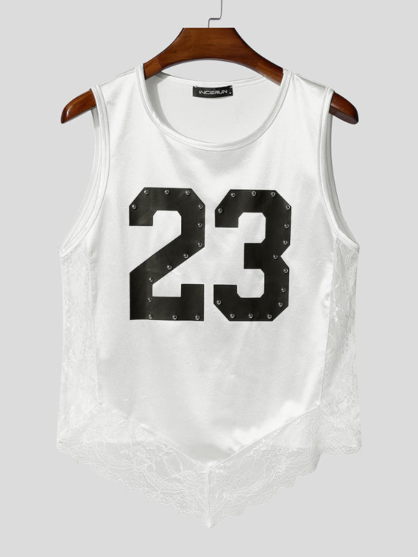 Men's Lace Patchwork Number Print Tank SKUL22799