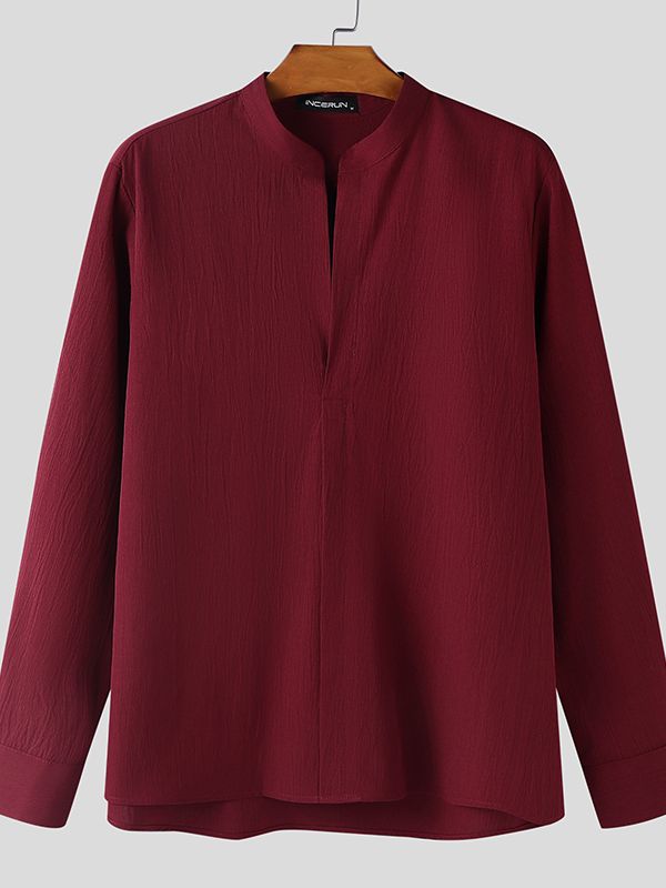 Men's Solid Color Stand Collar Long Sleeve Shirt SKUL49918