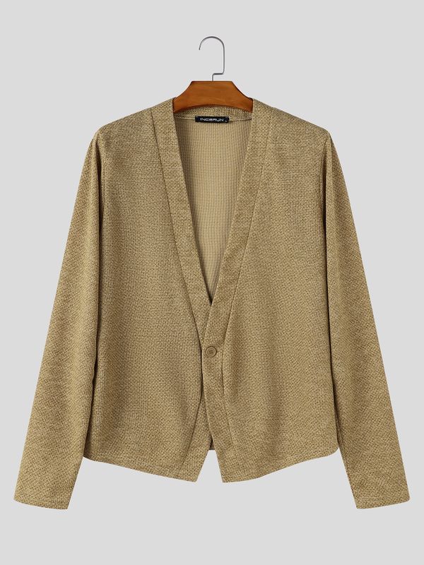 Men's Yuppie Resort Deep V-Neck Collarless Textured Cardigan SKUL79221