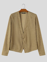 Men's Yuppie Resort Deep V-Neck Collarless Textured Cardigan SKUL79221