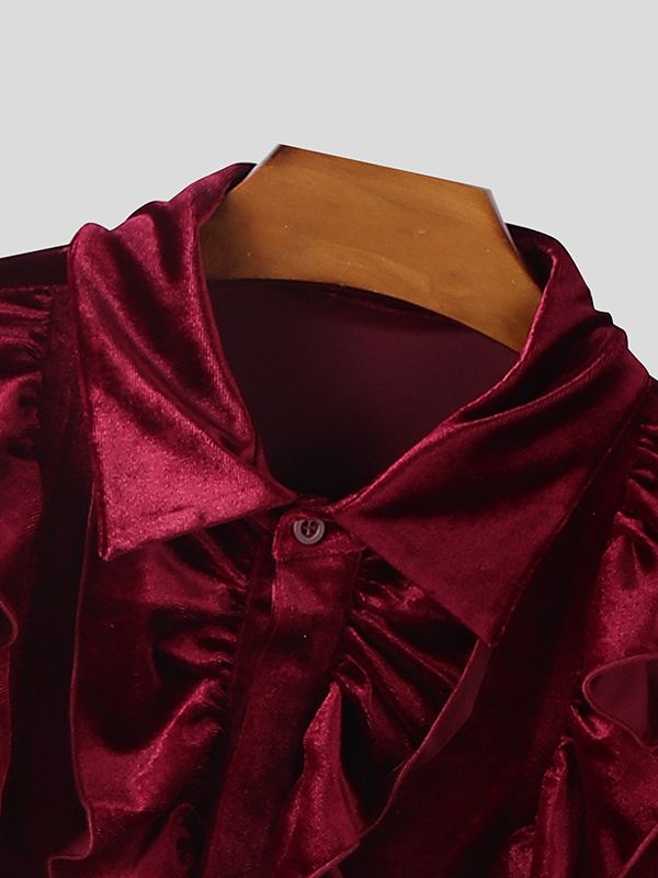Men's Velvet Ruffle Long Sleeve Shirt SKUL42684