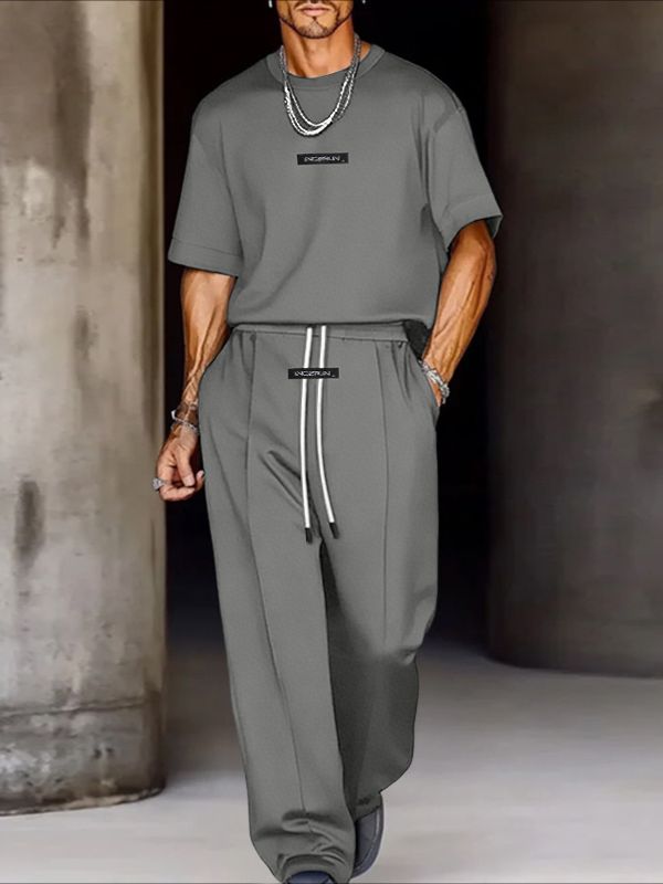 Men's Solid Color Casual Loose Two Pieces Outfit SKUL48626