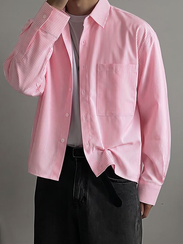 Men's Smart Chic Daily Commute Vertical Stripe Silk Satin Chest Pocket Shirt SKUL86800