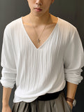 Mens Solid Texture V-Neck Long Sleeve T-Shirt SKUK49736