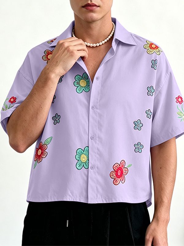 Men's Vintage Multicolored Floral Print Cropped Short Sleeve Shirt SKUL63058